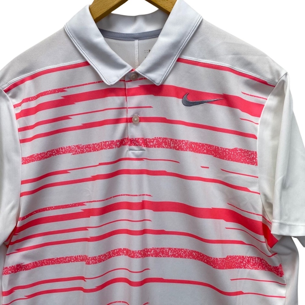 Nike Golf Mens Dri-FIT White Pink Striped Polo Shirt 915877-101 Large Standard